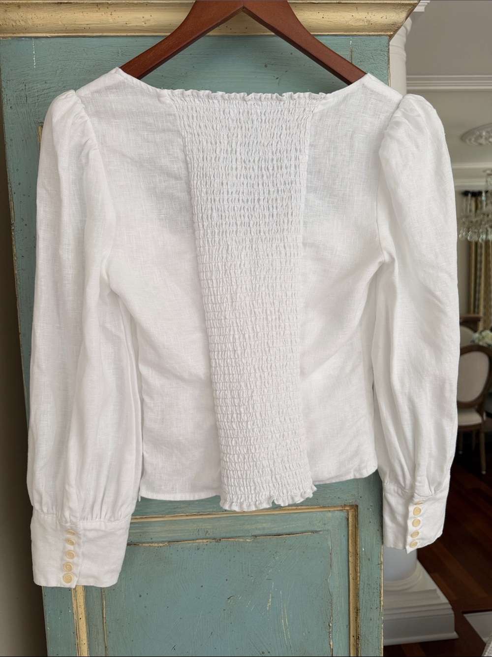 REFORMATION WHITE LINEN STILTON TOP SIZE 6 SQUARE NECK SMOCKED PUFF SLEEVE - Picture 3 of 16